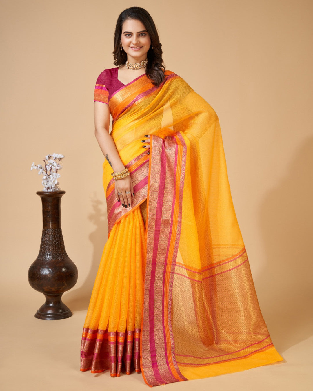 Yellow Color Kota Doriya Saree With Zari Weaving Work