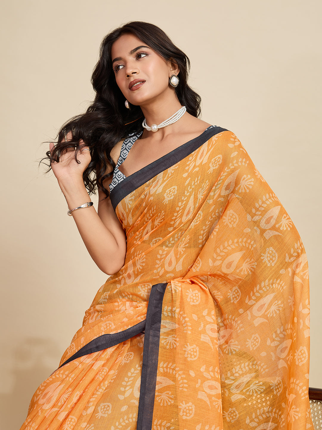 Yellow Linen Cotton Saree With Digital Printed Work And Silver Zari Border