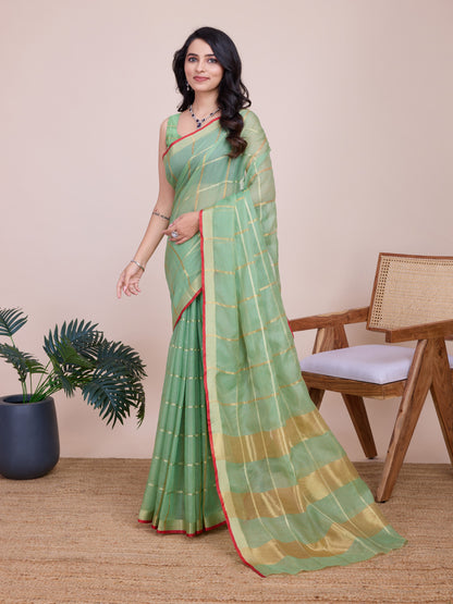 Pista Green Kota Doriya Saree With Zari Weaving Work