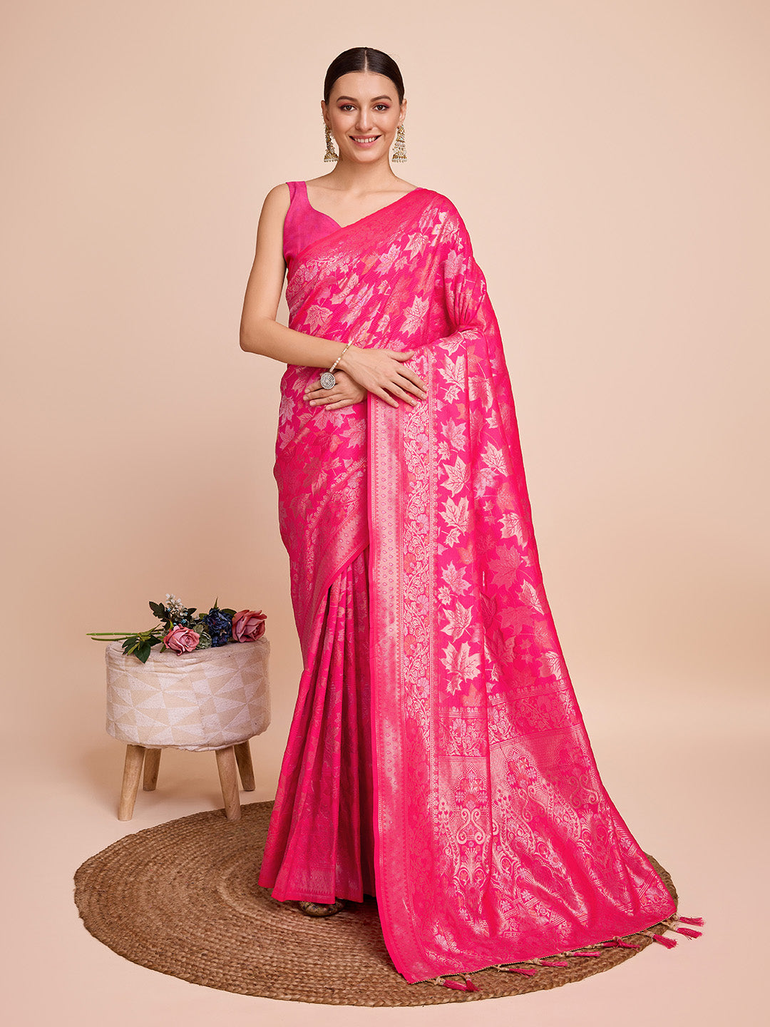 Golden & Copper Zari Weaving With Pink Soft Silk Banarasi Saree | Party & Wedding Wear - JaipurSaaj