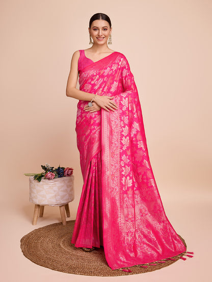 Golden & Copper Zari Weaving With Pink Soft Silk Banarasi Saree | Party & Wedding Wear - JaipurSaaj