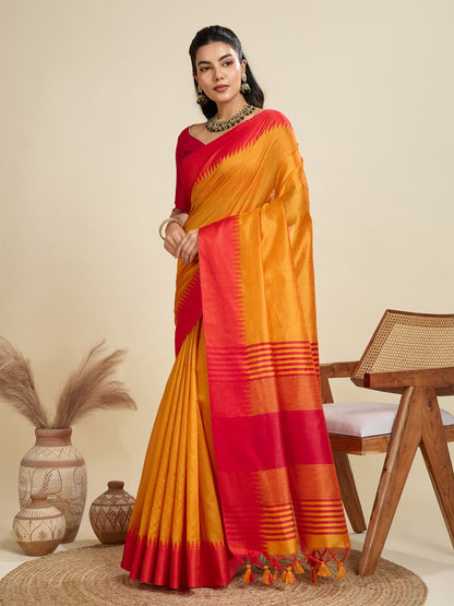 Orange Color Khadi Raw Silk Saree With Zari Lining Pallu With Tample Border