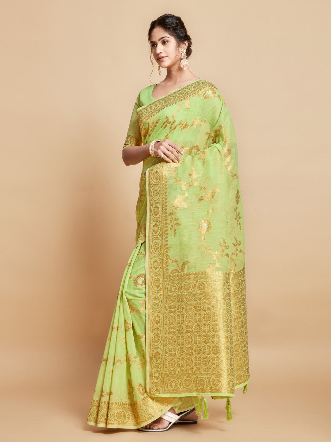 Pista Green Soft Linen Silk Saree With Zari Weaving Work | Traditional Wedding & Festive Wear – JaipurSaaj