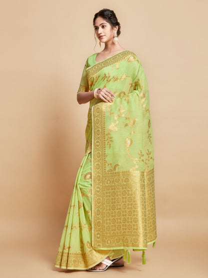 Pista Green Soft Linen Silk Saree With Zari Weaving Work | Traditional Wedding & Festive Wear – JaipurSaaj