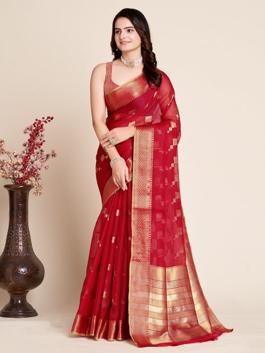 Red Color Kota Doriya Saree With Zari Weaving Work