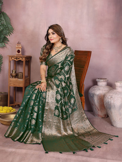 Green Organza Silk Banarasi Saree With Zari Weaving Work | Bridal Wedding & Festive Wear – JaipurSaaj