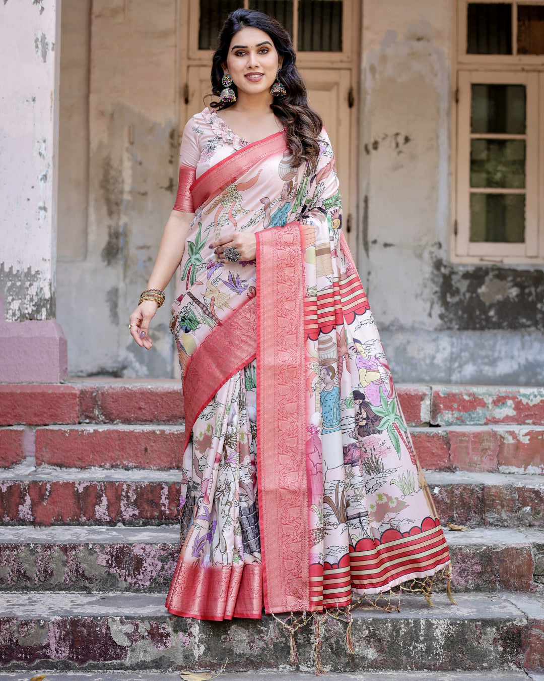 Multi Color Tussar Silk Saree With Digital Kalamkari Print & Zari Motif Border | Casual & Festive Wear – JaipurSaaj