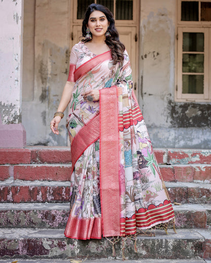 Multi Color Tussar Silk Saree With Digital Kalamkari Print & Zari Motif Border | Casual & Festive Wear – JaipurSaaj