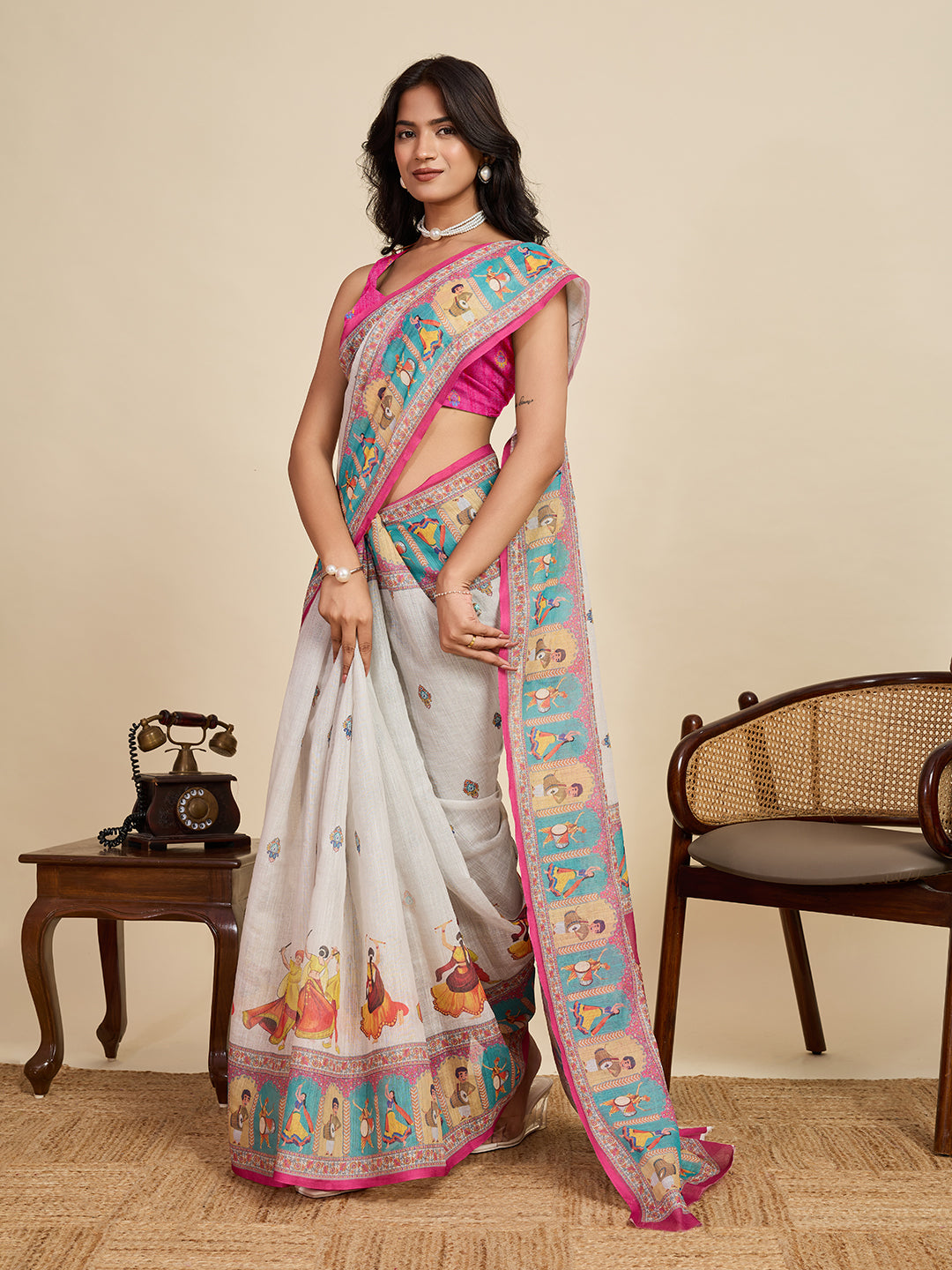 Off White Linen Cotton Saree With Digital Printed Work And Silver Zari Border | Lightweight Festive & Party Wear – JaipurSaaj