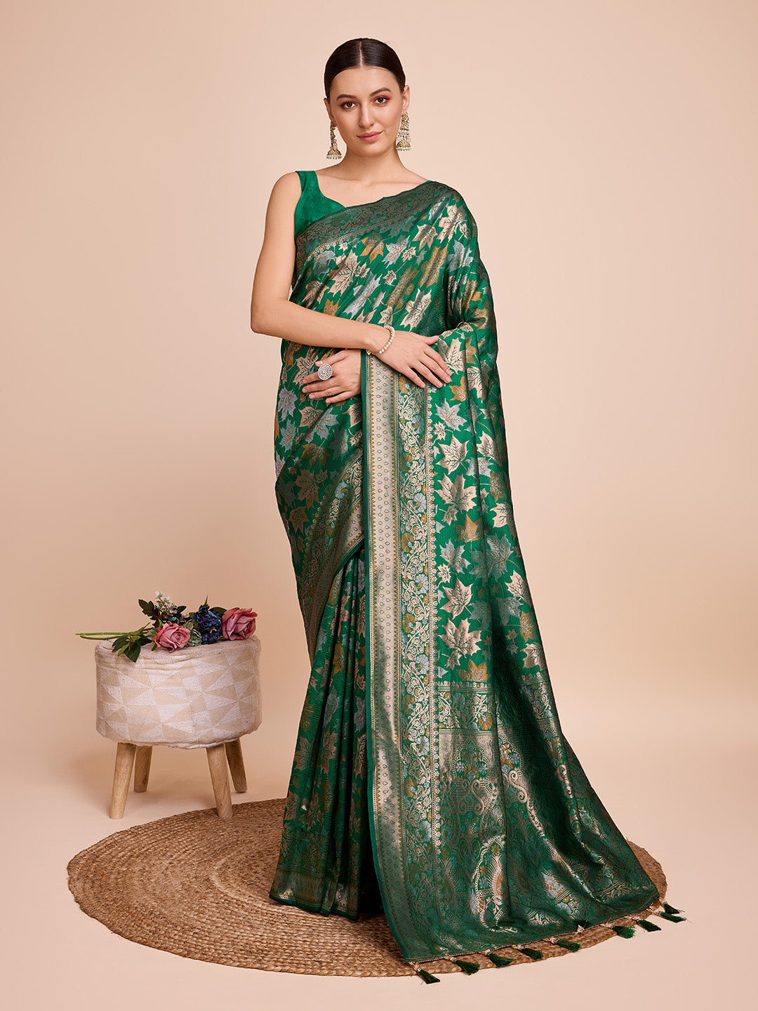 Golden & Copper Zari Weaving With Green Soft Silk Banarasi Saree | Party & Wedding Wear - JaipurSaaj