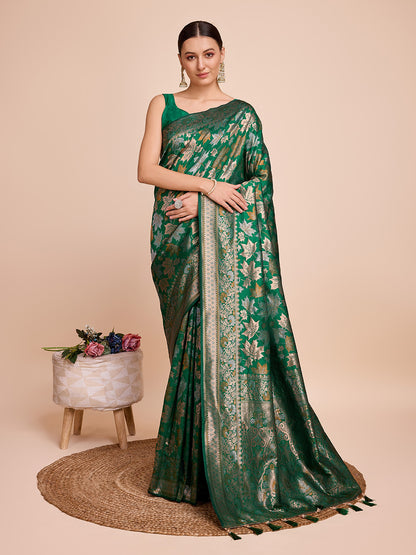 Golden & Copper Zari Weaving With Green Soft Silk Banarasi Saree | Party & Wedding Wear - JaipurSaaj