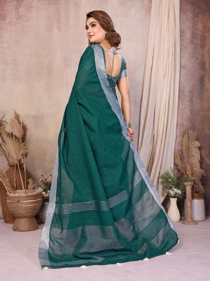 Rama Green Linen Cotton Saree With Silver Zari Border | Office & Festive Wear – JaipurSaaj