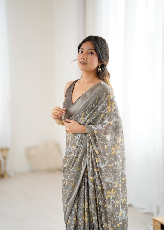 Gray Linen Cotton Saree With Flower Digital Printed Work