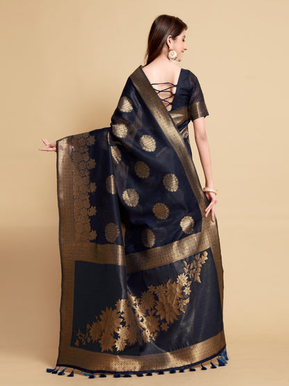 Navy Blue Soft Linen Silk Saree With Zari Weaving Work | Traditional Wedding & Festive Wear – JaipurSaaj