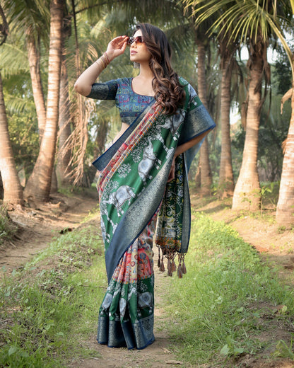 Multi Color Kalamkari Digital Printed Tussar Silk Saree | Designer Festive Ethnic Wear – JaipurSaaj