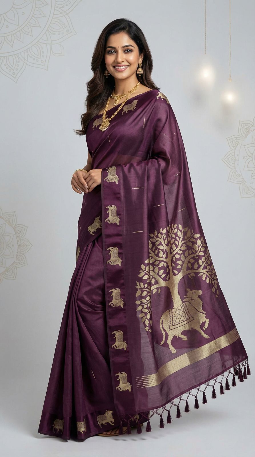 Wine Khadi Raw Silk Saree With Zari Weaving Cow Pallu & Border | Traditional Festive Wear – JaipurSaaj
