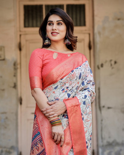 Multi Color Digital Printed Tussar Silk Saree With Zari Motif Border | Designer Festive Ethnic Wear – JaipurSaaj