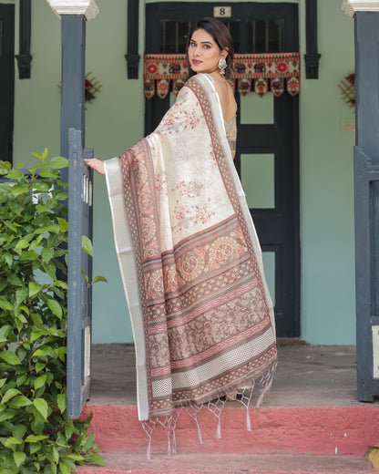 Off White Soft Linen Cotton Saree With Digital Printed Work