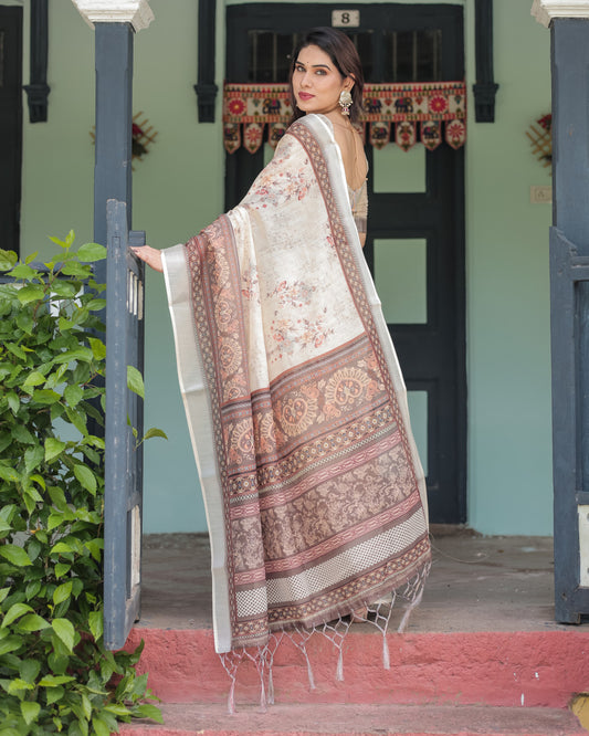 Off White Soft Linen Cotton Saree With Digital Printed Work