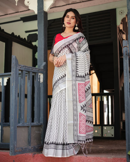 White Summer Special Digital Printed Linen Cotton Saree