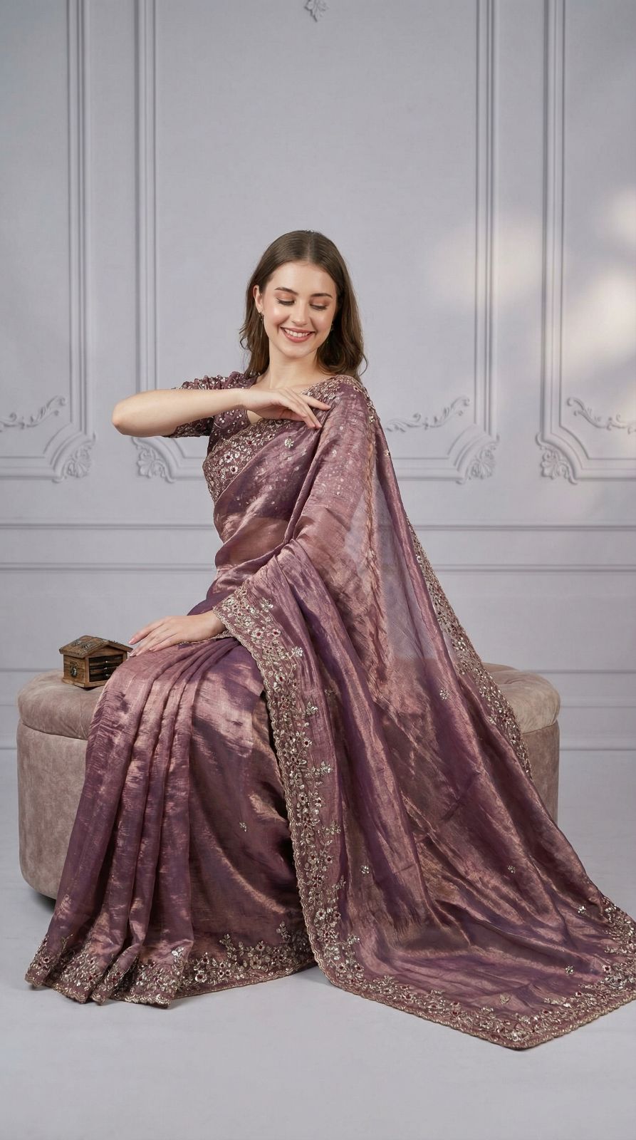 Lavender Fandy Chiffon Silk Saree With Sequin Work & Cut Work Border | Party & Reception Wear – JaipurSaaj