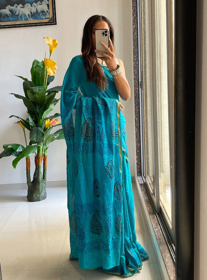 Sky Blue Muslin Cotton Silk Saree With Hand Block Print & Zari Border | Ethnic Wear – JaipurSaaj