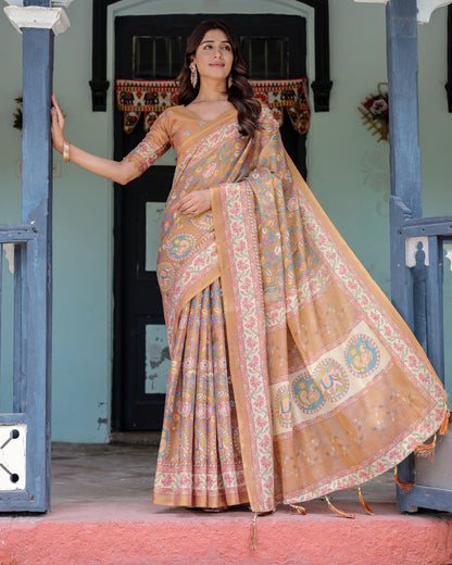 Multi Color Kalamkari Digital Printed Linen Cotton Saree | Summer Casual & Ethnic Wear – JaipurSaaj