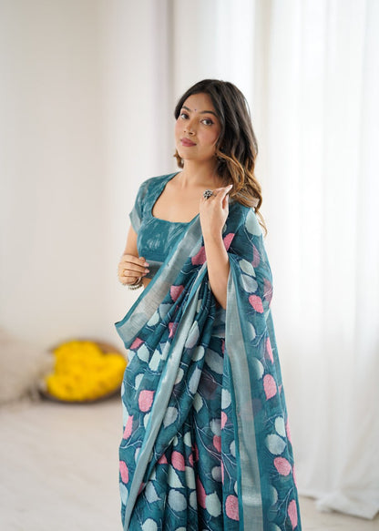 Rama Green Linen Cotton Saree With Floral Digital Print | Lightweight Daily & Office Wear – JaipurSaaj