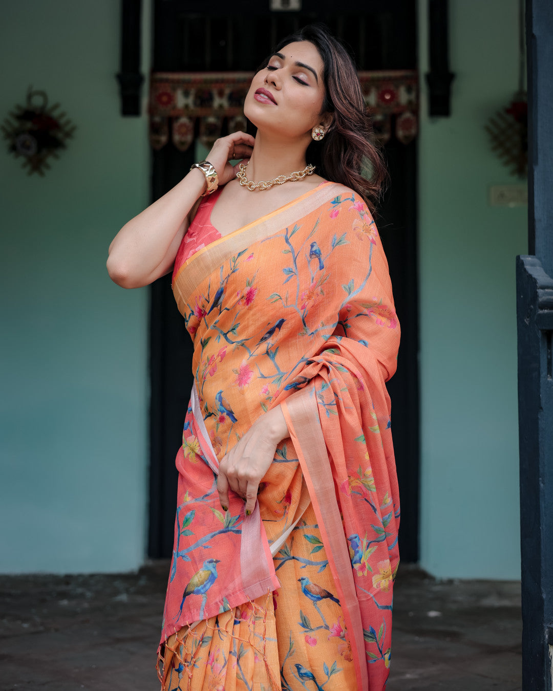 Peach Floral Digital Printed Linen Cotton Saree