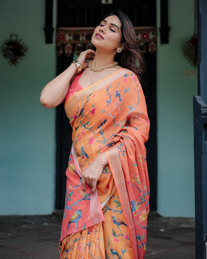 Peach Floral Digital Printed Linen Cotton Saree