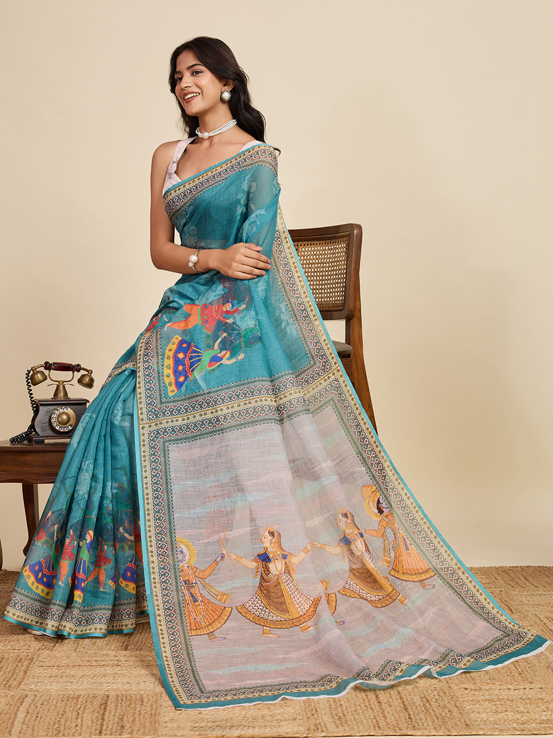 Rama Green Linen Cotton Saree With Digital Printed Work And Silver Zari Border | Lightweight Festive & Party Wear – JaipurSaaj
