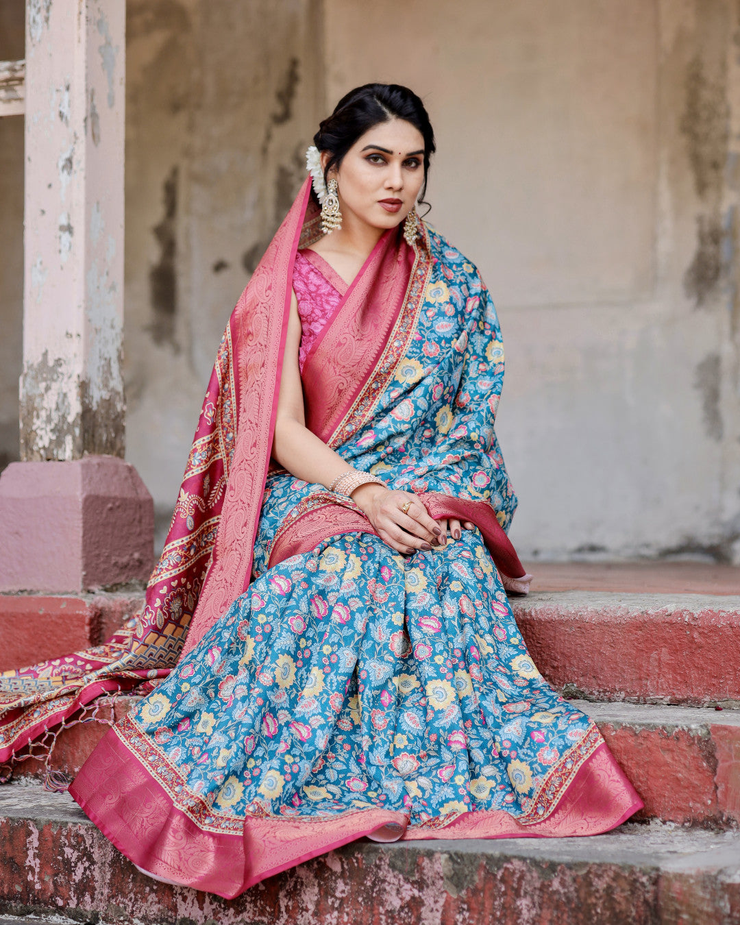 Multi Color Digital Printed Tussar Silk Saree With Zari Motif Border | Traditional Festive Ethnic Wear – JaipurSaaj