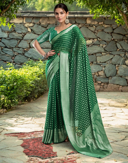 Green Fancy Georgette Saree With Jacquard Weaving Work