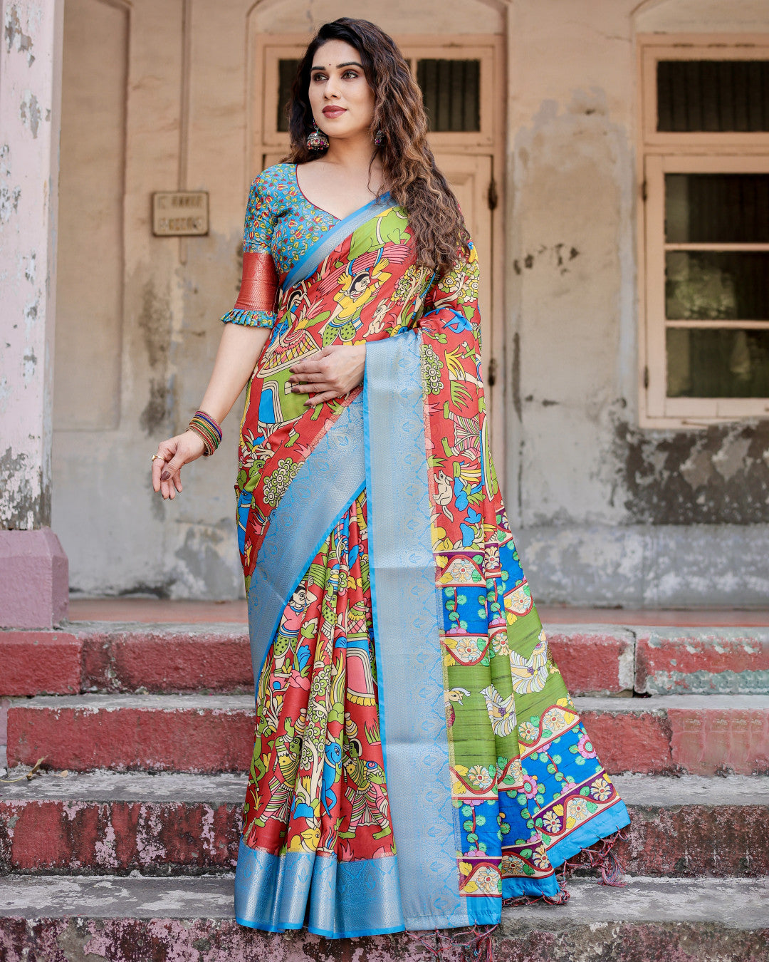Multi Color Kalamkari Digital Printed Tussar Silk Saree | Designer Festive Ethnic Wear – JaipurSaaj