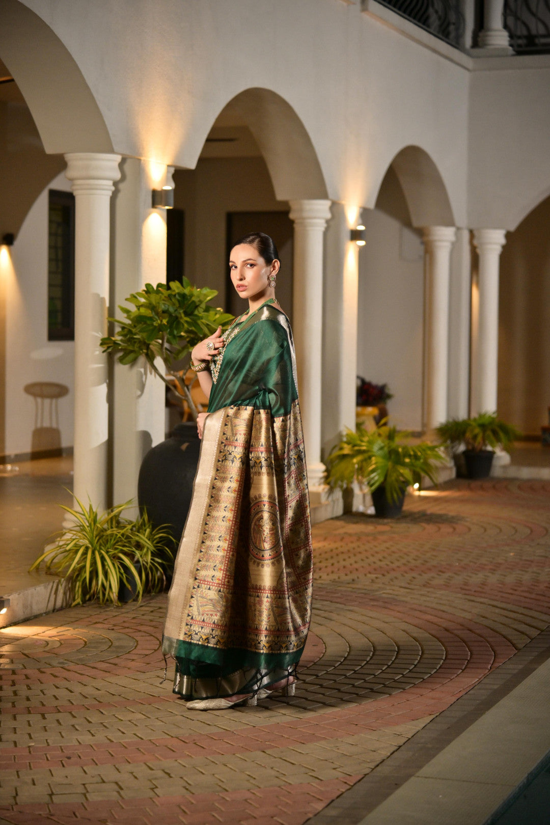 Dark Green Khadi Raw Silk Saree With Beautiful Madhubani Printed Pallu | Party & Wedding Wear – JaipurSaaj