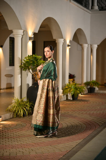 Dark Green Khadi Raw Silk Saree With Beautiful Madhubani Printed Pallu | Party & Wedding Wear – JaipurSaaj