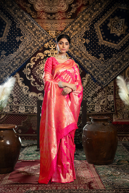 Pink Banarasi Silk Saree With Zari Woven Work | Traditional Wedding & Bridal Wear – JaipurSaaj