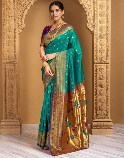 Traditional Rama Green Paithani Silk Saree With Zari Weaving Work