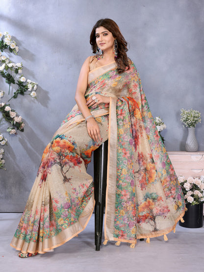 Beige Linen Cotton Saree With Digital Printed Work And Silver Zari Border