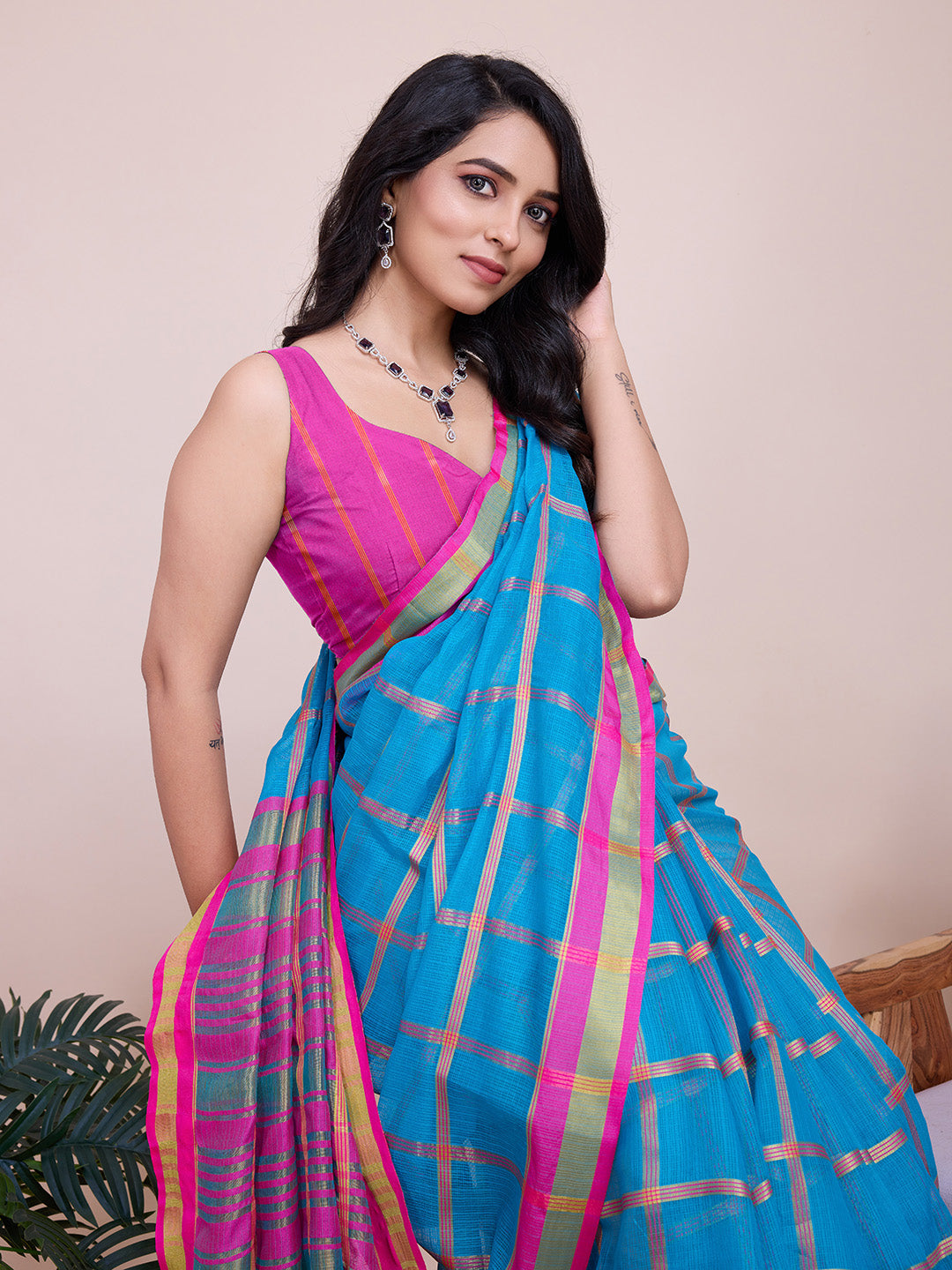 Sky Blue Kota Doriya Saree With Zari Weaving Work