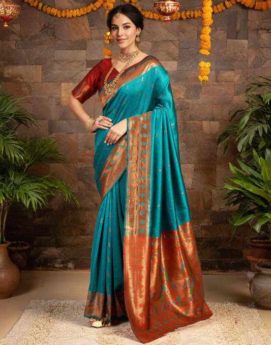 Traditional Firoji Paithani Silk Saree With Zari Weaving Work