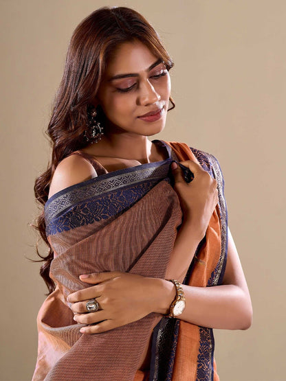 Orange linen cotton saree with weaving work