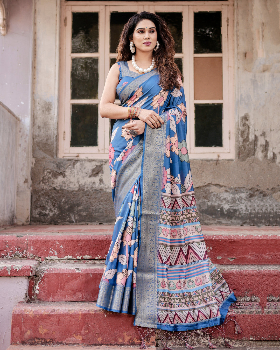 Blue Tussar Silk Saree With Digital Kalamkari Print & Zari Motif Border | Casual & Festive Wear – JaipurSaaj