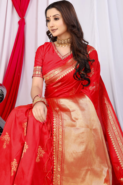 Red Banarasi Silk Saree With Zari Weaving Work | Bridal Wedding Wear – JaipurSaaj