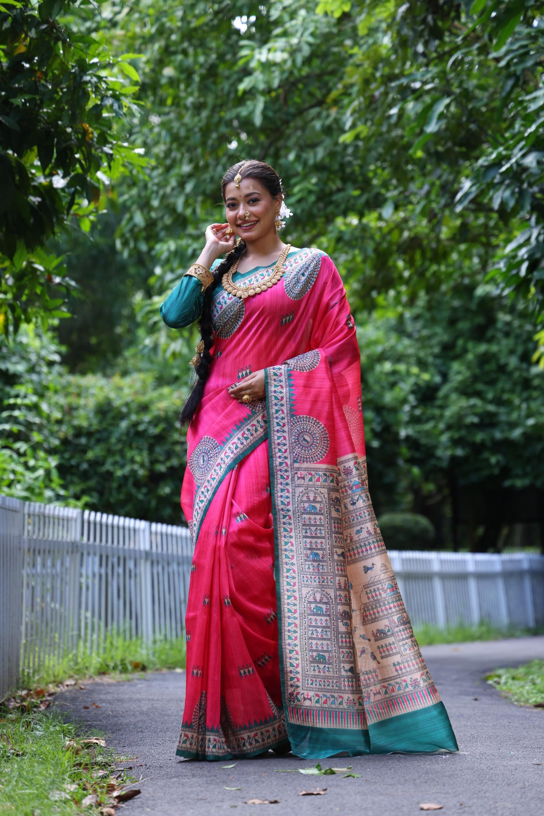 Rani Pink Madhubani Printed Soft Tussar Silk Saree | Traditional Festive Ethnic Wear – JaipurSaaj