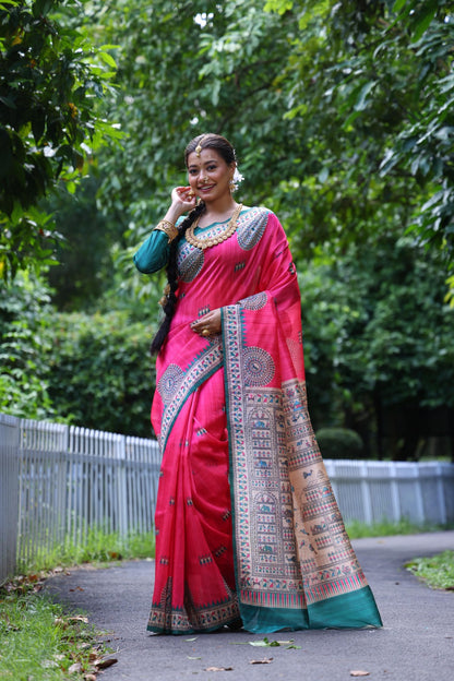 Rani Pink Madhubani Printed Soft Tussar Silk Saree | Traditional Festive Ethnic Wear – JaipurSaaj