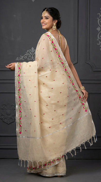 Beige Kota Doriya Saree With Silver Zari Border & Floral Embroidery | Festive Ethnic Wear – JaipurSaaj