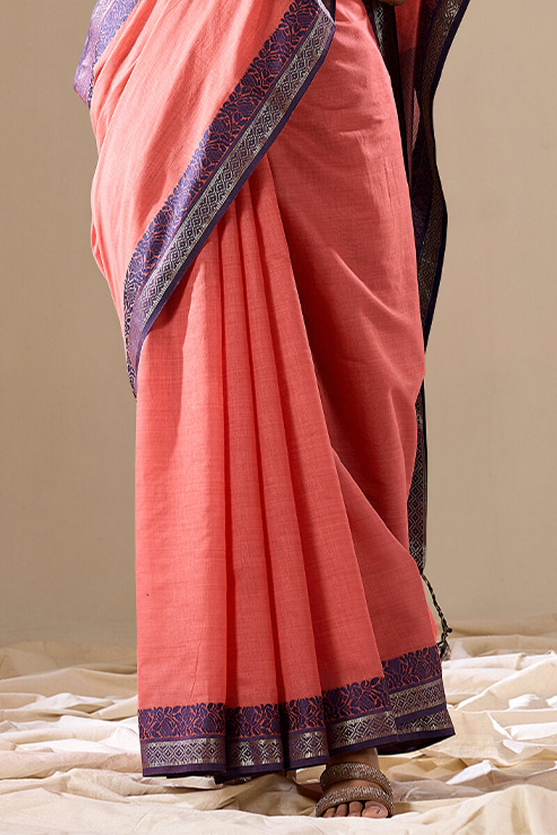 Peach Linen Cotton Saree With Weaving Work