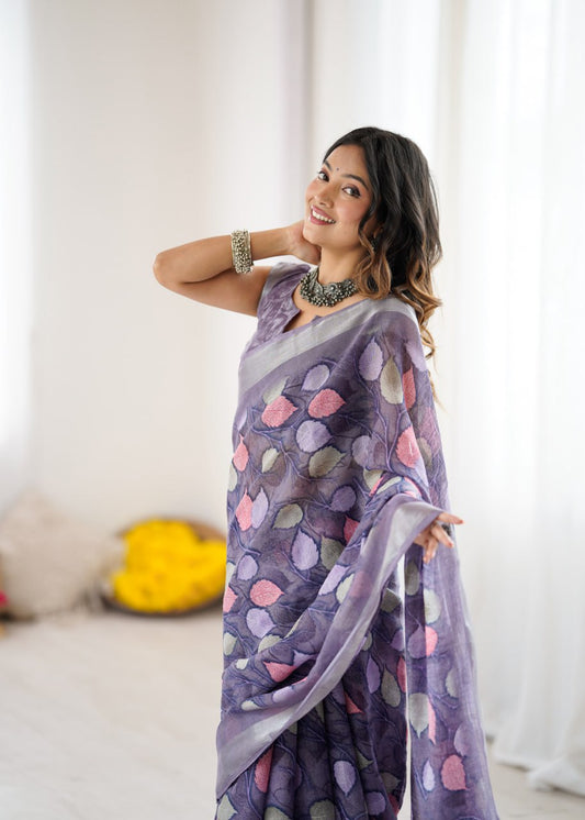 Lavender Color Linen Cotton Saree With Flower Digital Printed Work