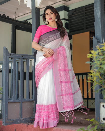 White And Pink Soft Linen Cotton Saree With Digital Printed Work